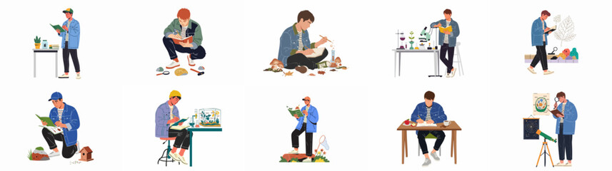 Young men exploring diverse scientific fields: biology, chemistry, geology, botany, and astronomy, depicting active learning and research. © Loro