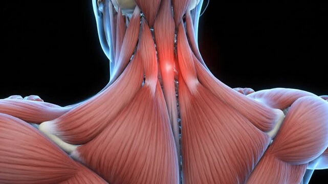 Anatomical illustration of human neck and upper back muscles with highlighted pain.