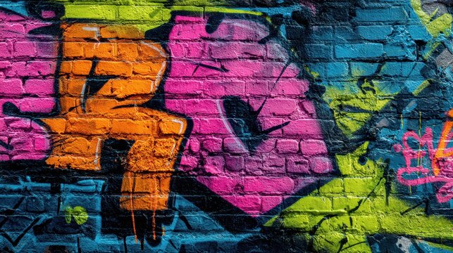 Vibrant graffiti brick wall with bold spray paint textures and urban character