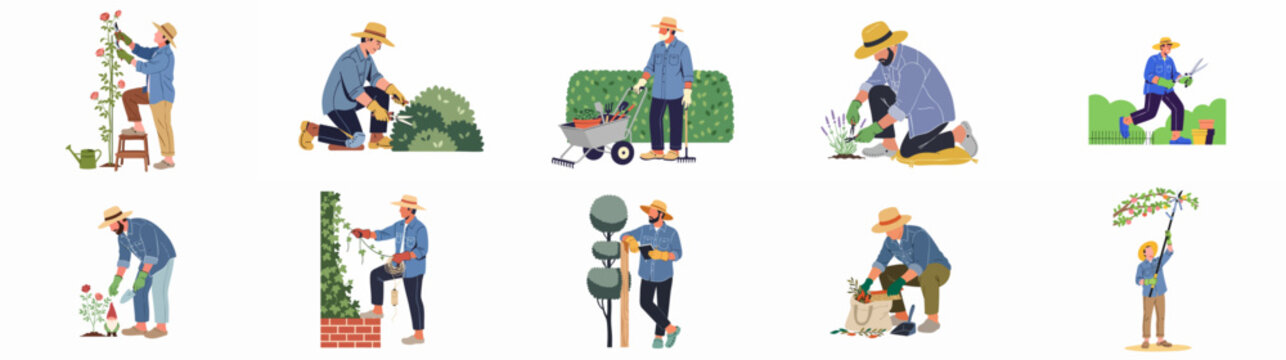 Diverse gardeners engaged in various outdoor tasks, including pruning roses, trimming hedges, planting, raking, and maintaining lush landscapes with essential tools.