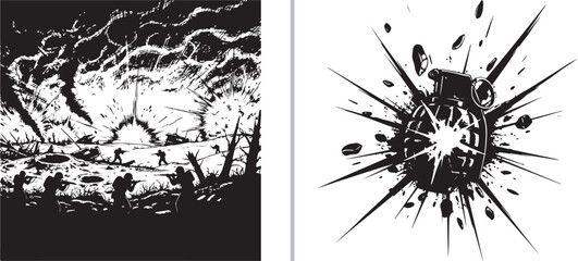Two gritty monochrome vector illustrations: a wide-angle shot of soldiers traversing a chaotic, cratered battlefield under heavy fire, and a close-up of a grenade at the moment of detonation. © Muhammad