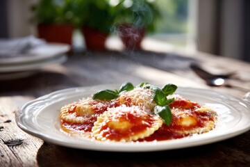 Close-Up of Cheese Ravioli in Rich Tomato Sauce with Basil Garnish