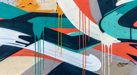 Naklejka premium Colorful abstract graffiti detail with bold brushstrokes and dripping paint on textured surface