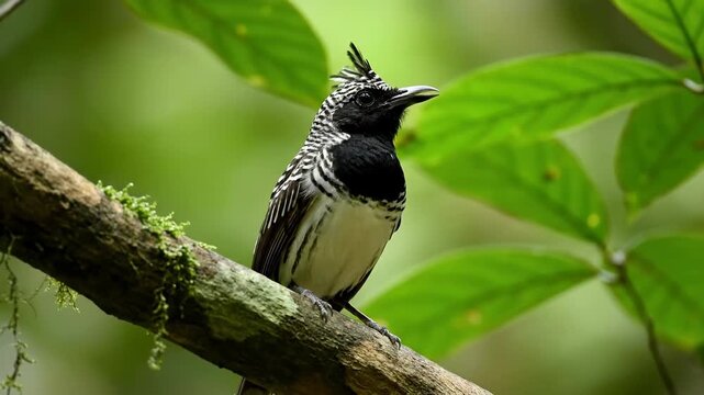 Close-up male antshrike bird singing on tree branch displaying vocal behavior and bright plumage in tropical forest