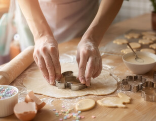 Shaping cookie dough with cutters on floured wooden surface
