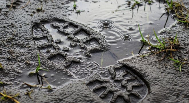 Close-up of a boot print in muddy ground with a small puddle and grass.