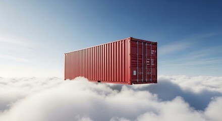 Red shipping container floats amongst fluffy clouds in a blue sky, surreal and isolated