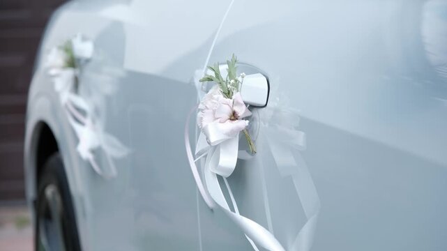 Close up of a white flower and ribbon decoration on a light blue wedding car door handle