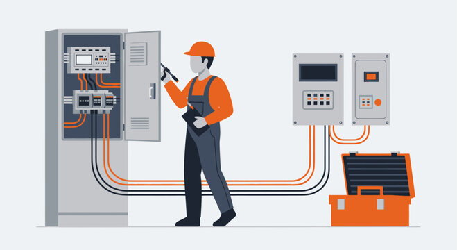 Electrician working on electrical panel with tools and equipment.