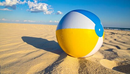 Obraz premium Bright yellow blue beach ball on sandy shore with clear sky summer vibes