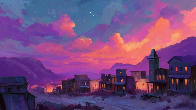 Sunset over a rustic town illustration featuring colorful sky and buildings