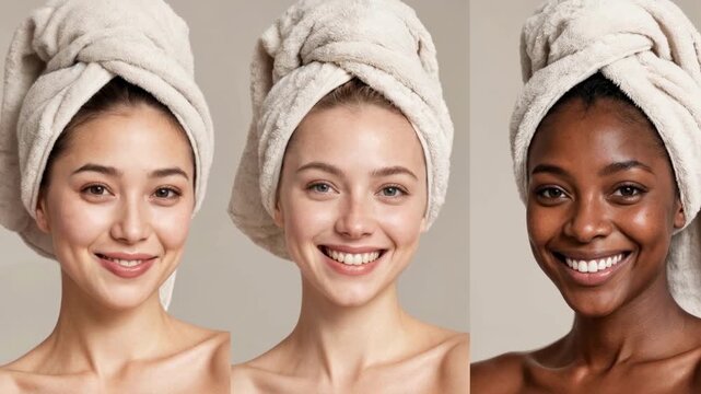 Beauty Triptych: East Asian, Caucasian, and Black Women in Fresh Towel Wraps