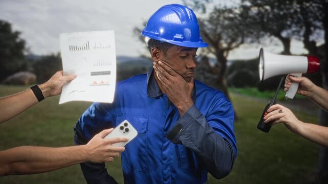Man construction worker in blue hardhat and coveralls touches chin while hands present documents smartphone and megaphone in forest; frustration.