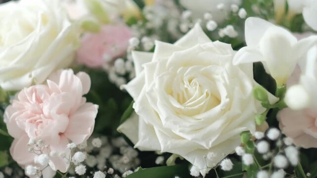 Close-up of a vibrant white rose centered in a soft floral arrangement of pink carnations and baby's breath
