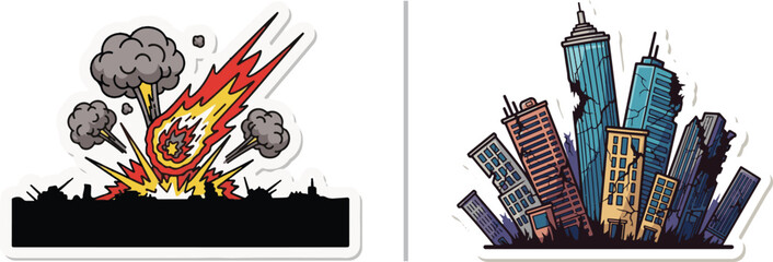 Two vector stickers depicting urban ruin: a fiery meteor striking a black city silhouette and a group of leaning, damaged skyscrapers representing a post-disaster cityscape. © Muhammad