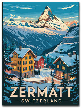 Zermatt Switzerland ski travel poster, retro vintage illustration featuring Matterhorn alpine town glowing cabins fir trees and skiers in motion.