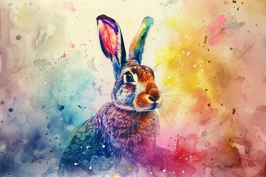 A colorful watercolor painting of a hare with a vibrant background