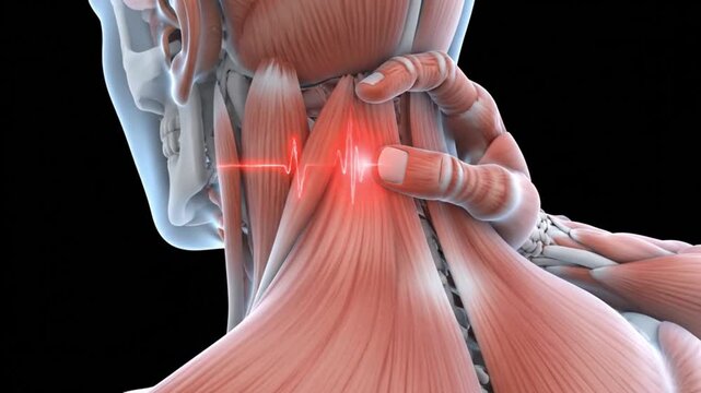 Detailed 3D rendering of human neck and upper back muscles showing a painful area.