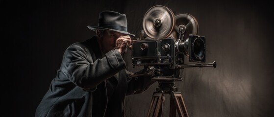 Fototapeta premium Man filming with vintage film camera on tripod low key lighting studio setting