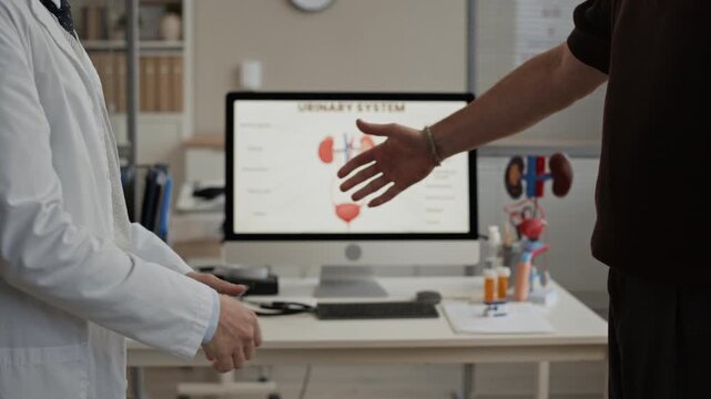 Closeup shot of urologist and male patient concluding urology appointment with handshake, urinary system diagram visible on desktop computer in modern clinic office