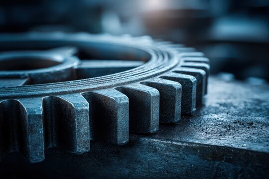 Close-up of a precision gear train in a machining environment with metallic textures