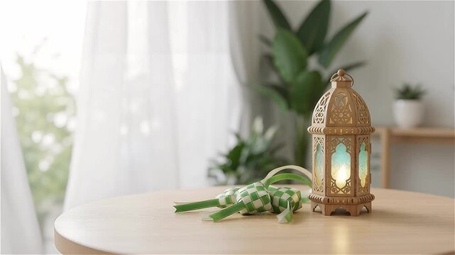 Beautiful ornate golden lantern with glowing light and traditional green ketupat rice cakes on wooden table. Decoration setup for Eid al-Fitr Lebaran celebration with sheer curtains and plants