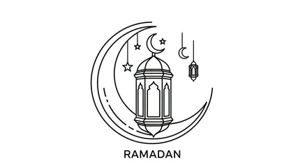 Obraz premium Ramadan Kareem Crescent Moon and Lantern Line Art Islamic Holiday Celebration
