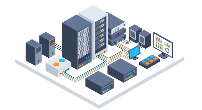 Isometric Data Center Network Infrastructure with Servers and Computers.