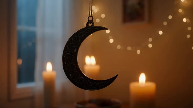 Hanging Black Crescent Moon Decoration with Warm Candlelight and String Lights wallpaper