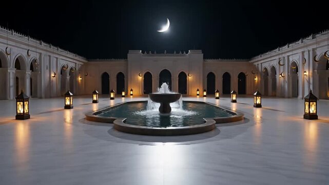 Middle Eastern Courtyard with Fountain and Lanterns at Night wallpaper