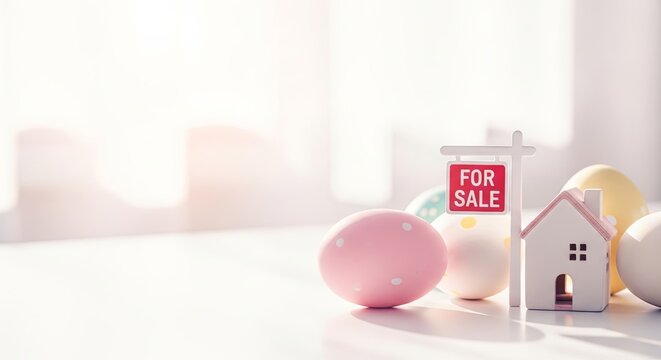 Easter eggs in pastel colors around small house model with for sale sign. Spring real estate concept blending holiday decoration and home buying theme. Whimsical property listing for seasonal market