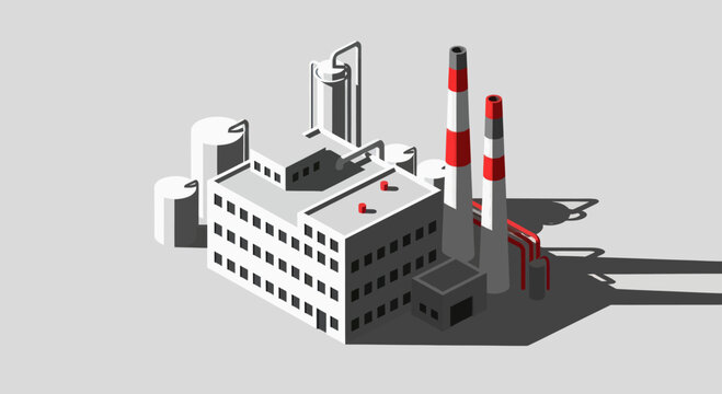 Isometric Industrial Factory Building with Smokestacks and Modern Architecture.