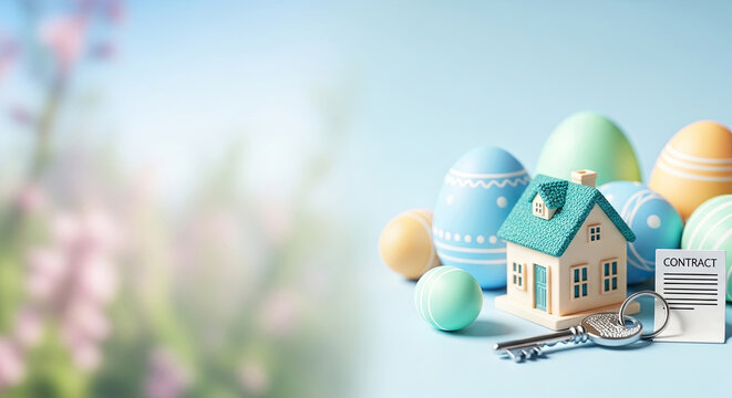 Pastel easter eggs surrounding miniature house model with keys and contract. Spring real estate concept for new home beginnings during holiday season