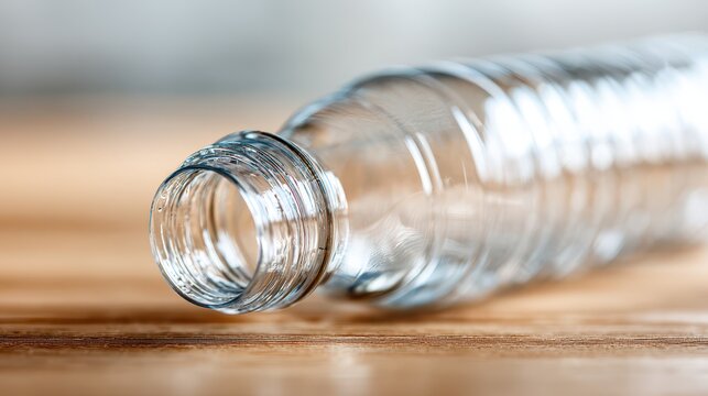 Macro close-up of an empty clear plastic water bottle on a light wooden surface
