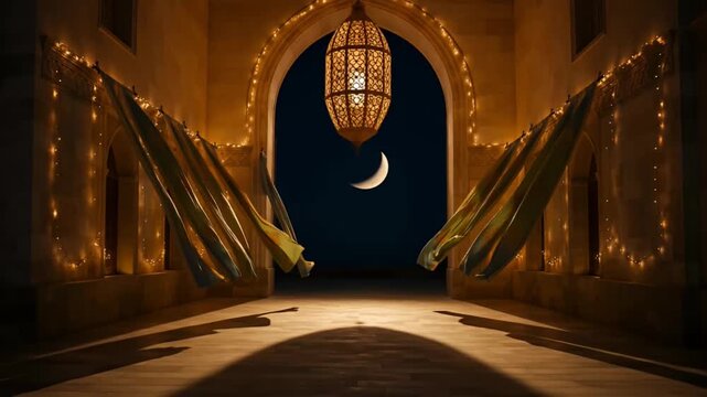Ramadan Kareem Night with Crescent Moon and Traditional Lantern wallpaper