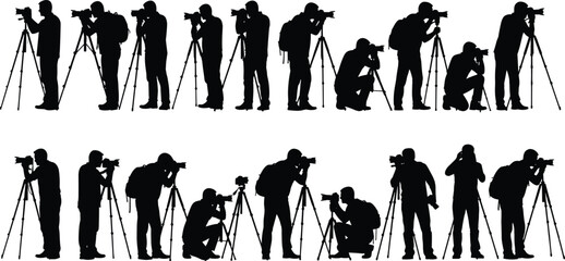 Photographer silhouette collection with camera and tripod in different shooting poses, professional photography vector illustration isolated set © Fajle