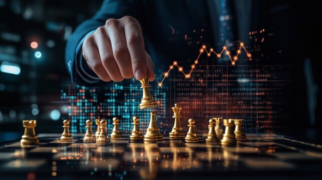Business Person Plays Chess While Analyzing Financial Data on a Screen