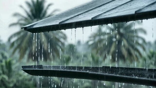 Dramatic rainfall over tropical rooftops water drops cascading down weathered gables in tropical atmosphere
