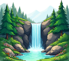 Waterfall in mountain forest with rocky cliffs and clear river natural landscape illustration for travel background and eco tourism design