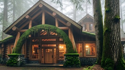 Fototapeta premium Rustic Moss-Covered Lodge in Misty Forest, Cozy Wilderness Retreat Home