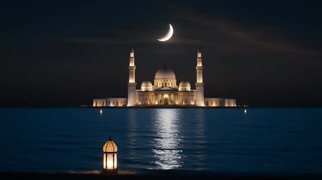 Ramadan Kareem Mosque and Crescent Moon Over Water at Night wallpaper