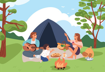 Naklejka premium Young family with child relaxing outdoors with camp tent and fire against backdrop of nature. Parents with kids camping. Picnic with bonfire. People at summer campground. Vector concept
