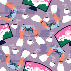 Womens and mens hands with game consoles play computer games. Gamers seamless pattern. Videogame joysticks. Computer or television screen. Repeated print. Gaming device. Vector background © VectorBum