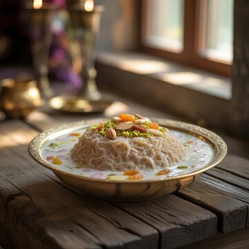 Traditional Eid Food Still Life with Shemai Dessert and Festive Islamic Atmosphere