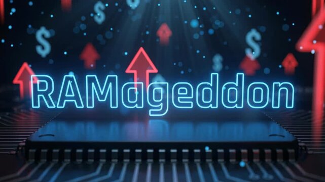 RAMageddon text on a circuit board with financial icons, memory shortage crisis, rising RAM prices, AI data center demand.