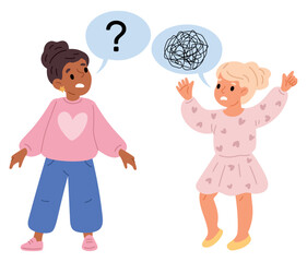 Little girl has difficulty pronouncing words. Children communication. Slurred speech. People misunderstanding. Kids stutter. Speaking disorder. Difficult enunciation. Vector concept