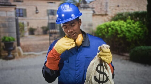 Man construction worker in blue hardhat and coveralls holds moneybag with gloved hand and touches chin while wearing earmuff in building; tired temptation.