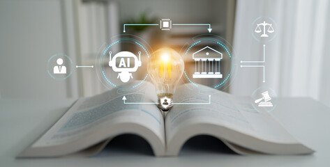 Open Book with Light Bulb Symbolizing Knowledge and AI Integration in Legal and Educational...