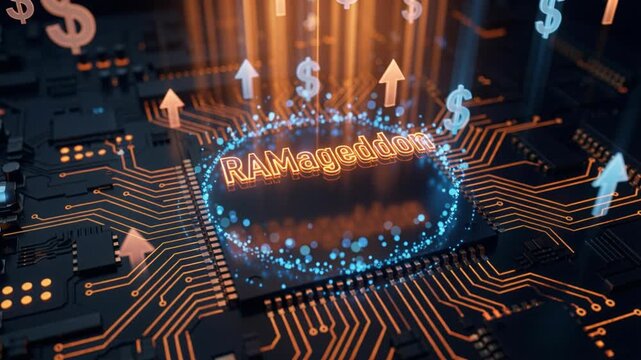 RAMageddon text over a chip with upward arrows and dollar symbols, RAM price spike, memory market shortage, AI data center buildout.