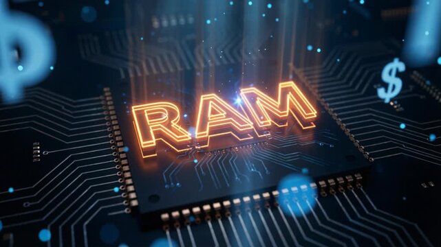 Glowing RAM text on a circuit board, computer memory concept, hardware upgrade, AI computing demand and shortage.
